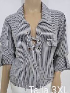 Woven Black & White Striped Lace-Up Button Down Shirt